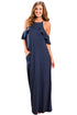 Sexy Navy Blue Ruffle Sleeve Cold Shoulder Maxi Dress